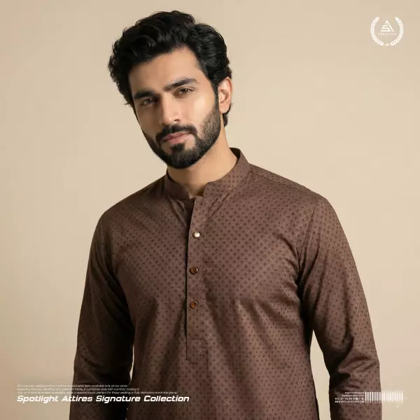 Premium Self Design Jacquard Panjabi - Dark Brown