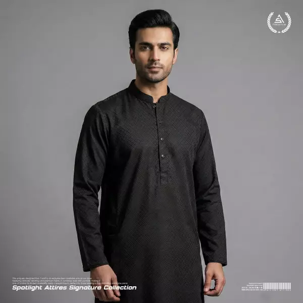 Premium Self Design Jacquard Panjabi - Black