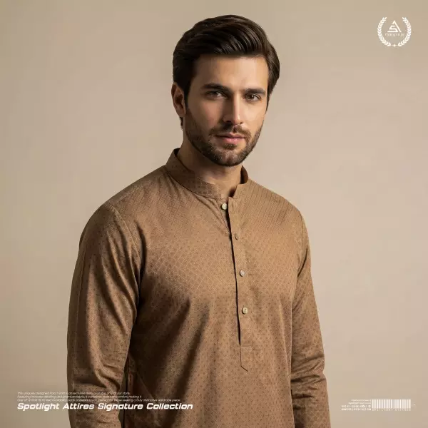 Premium Self Design Jacquard Panjabi - Light Brown